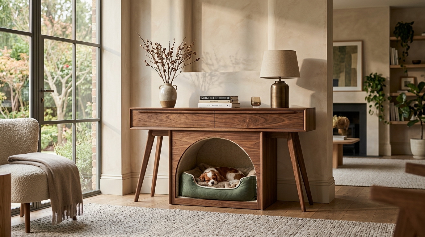 Beautiful wooden console table that doubles as a luxurious dog bed