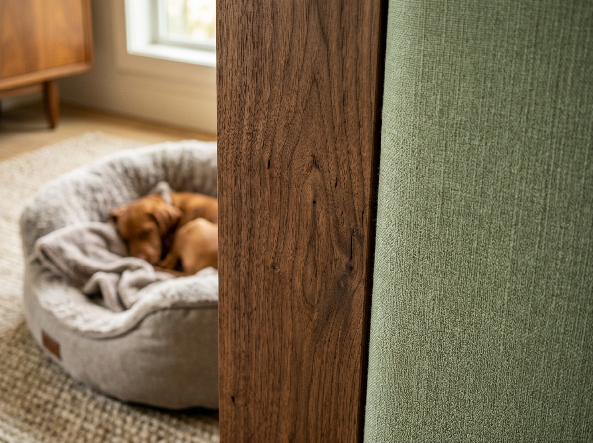 Detail shot of HavenFurnish acoustic paneling and walnut finish